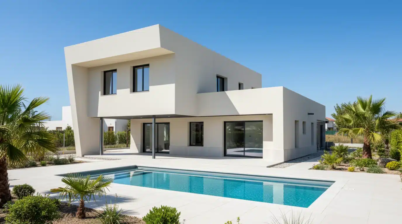 Vivienda de hormigón terminada con piscina y jardín - construcción en hormigón